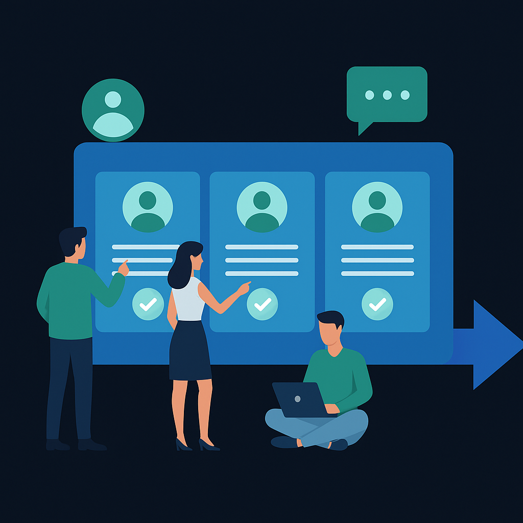 Ilustrație CRM și clienți – carduri și conexiuni între clienți